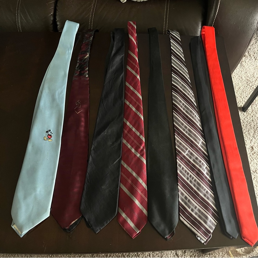 Lot of 8 mens ties, various patterns, Disney Mickey Mouse, red, black, skinny